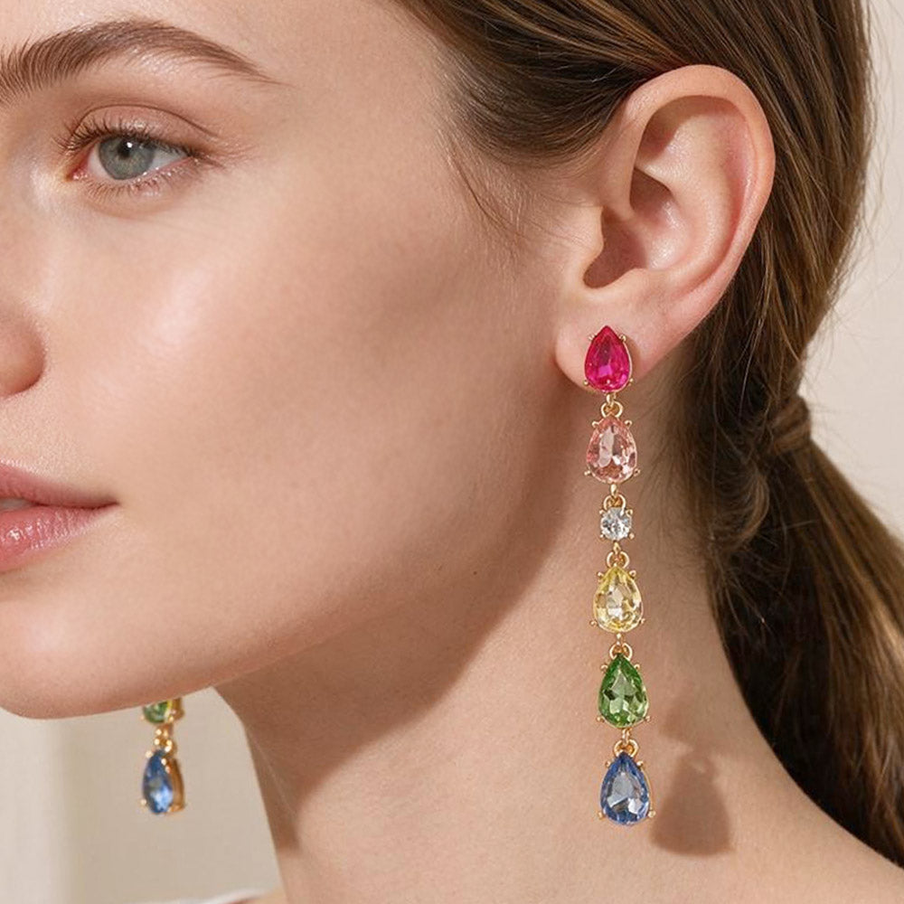 Madeline Love Multi Elegant Colorful Teardrop Stone Cluster Link Linear Drop Evening Earrings