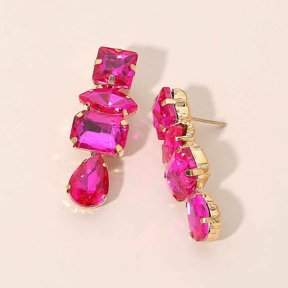Madeline Love Fuchsia, Gold Mixed Shaped Stone Cluster Link Drop Evening Earrings