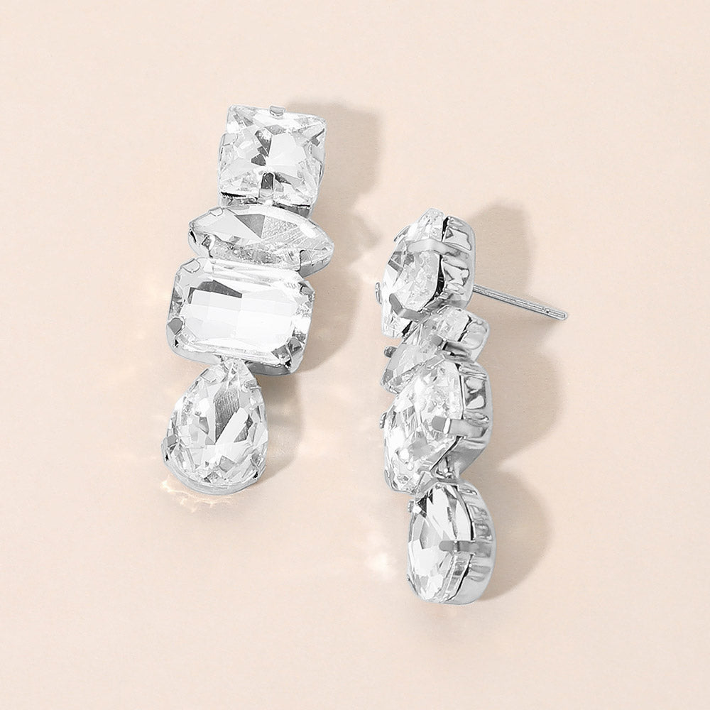 Madeline Love Clear, Rhodium Mixed Shaped Stone Cluster Link Drop Evening Earrings