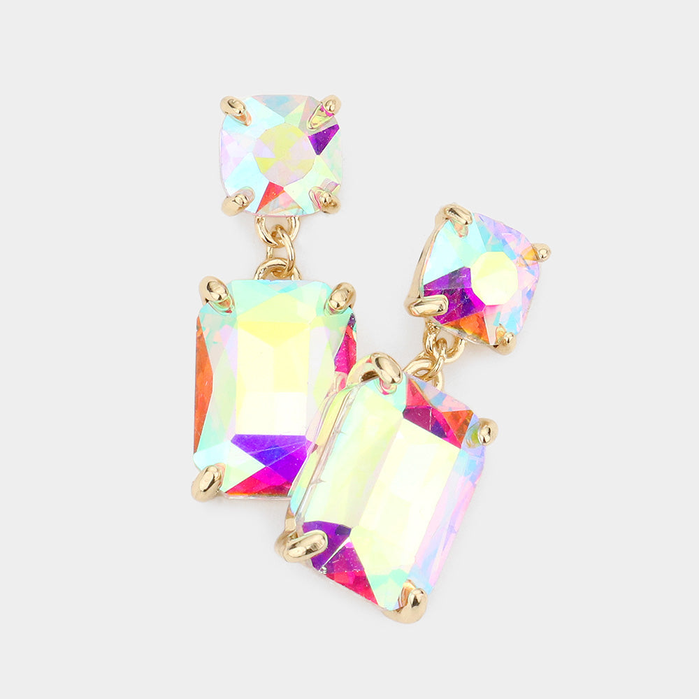 Madeline Love AB, Gold Square Rectangle Glass Stone Link Drop Dangle Earrings
