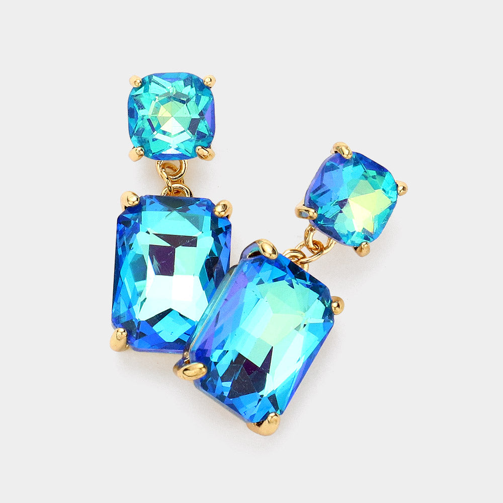 Madeline Love AB, Aqua, Gold Square Rectangle Glass Stone Link Drop Dangle Earrings