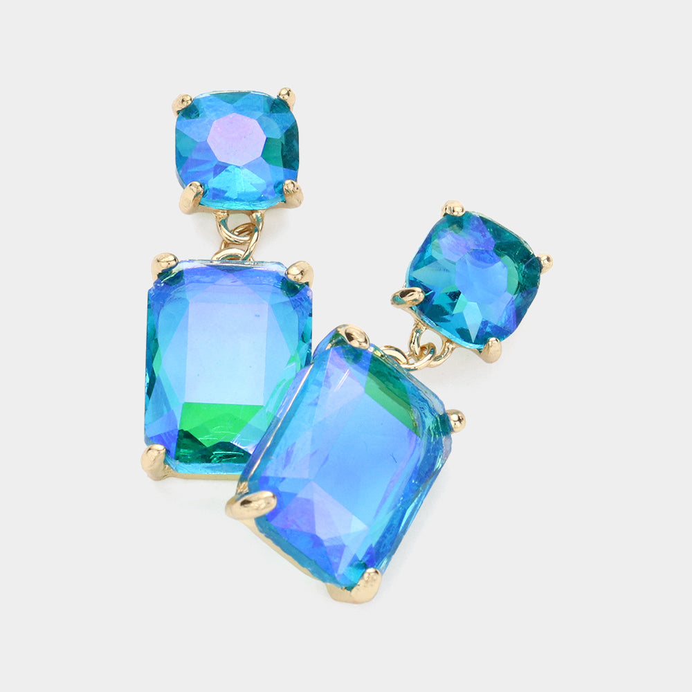 Madeline Love AB, Blue, Gold Square Rectangle Glass Stone Link Drop Dangle Earrings