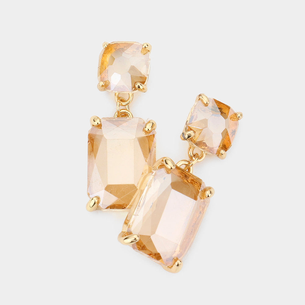 Madeline Love AB, Gold, Topaz Square Rectangle Glass Stone Link Drop Dangle Earrings