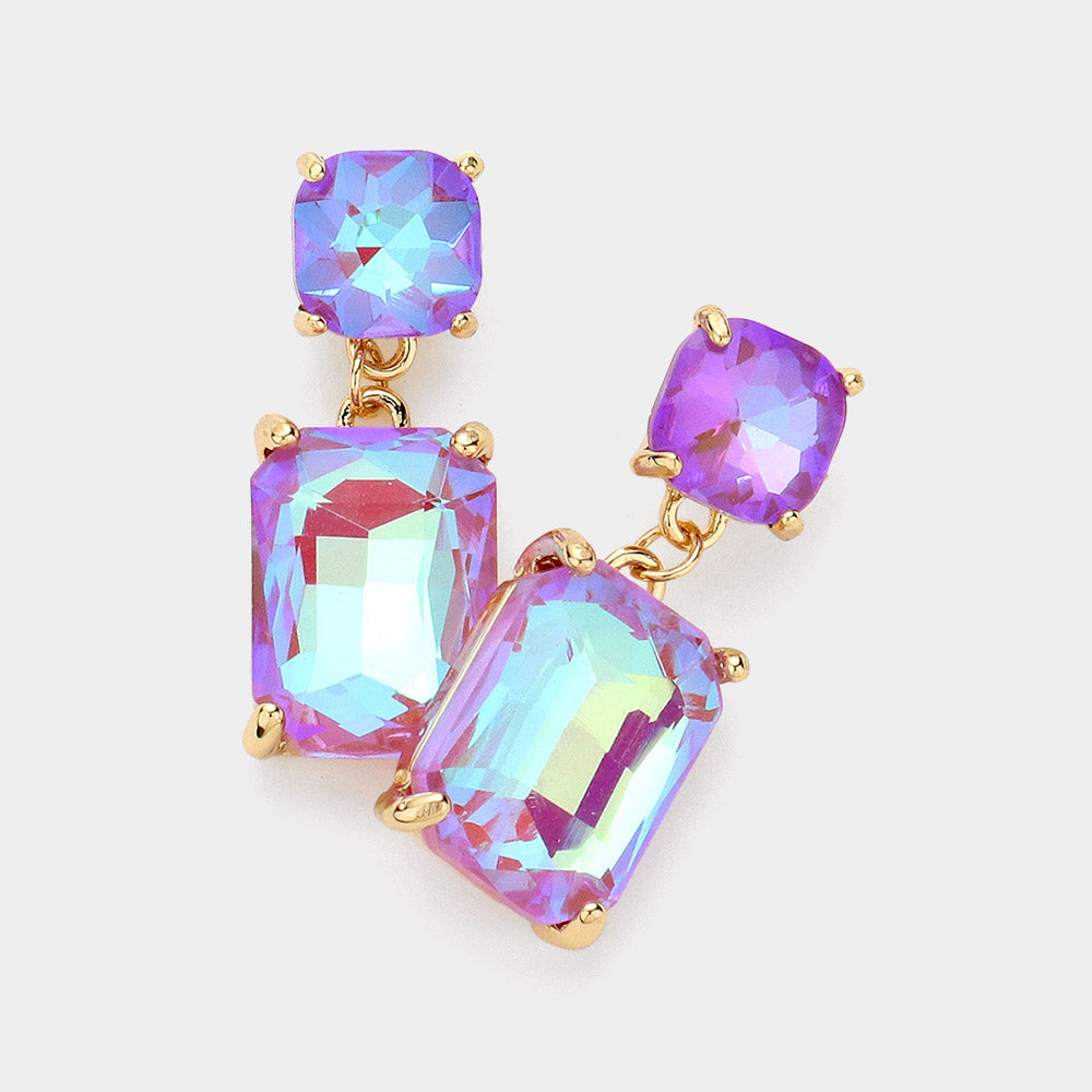 Madeline Love AB, Purple Square Rectangle Glass Stone Link Drop Dangle Earrings