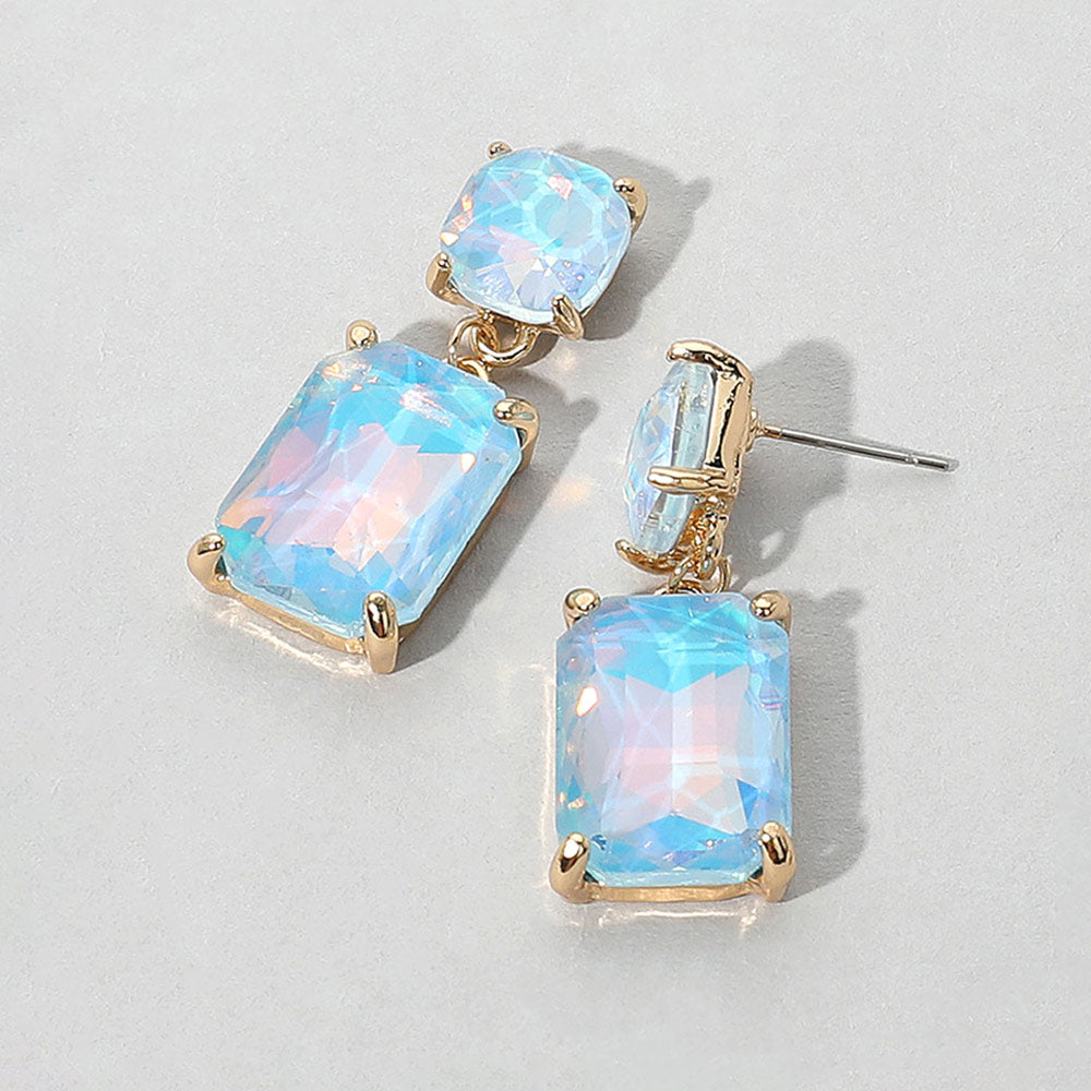 Madeline Love Blue, Opal Square Rectangle Glass Stone Link Drop Dangle Earrings