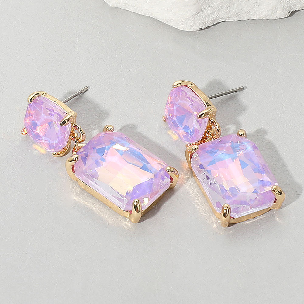 Madeline Love Lavender, Opal Square Rectangle Glass Stone Link Drop Dangle Earrings