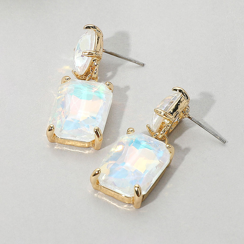 Madeline Love Opal, White Square Rectangle Glass Stone Link Drop Dangle Earrings