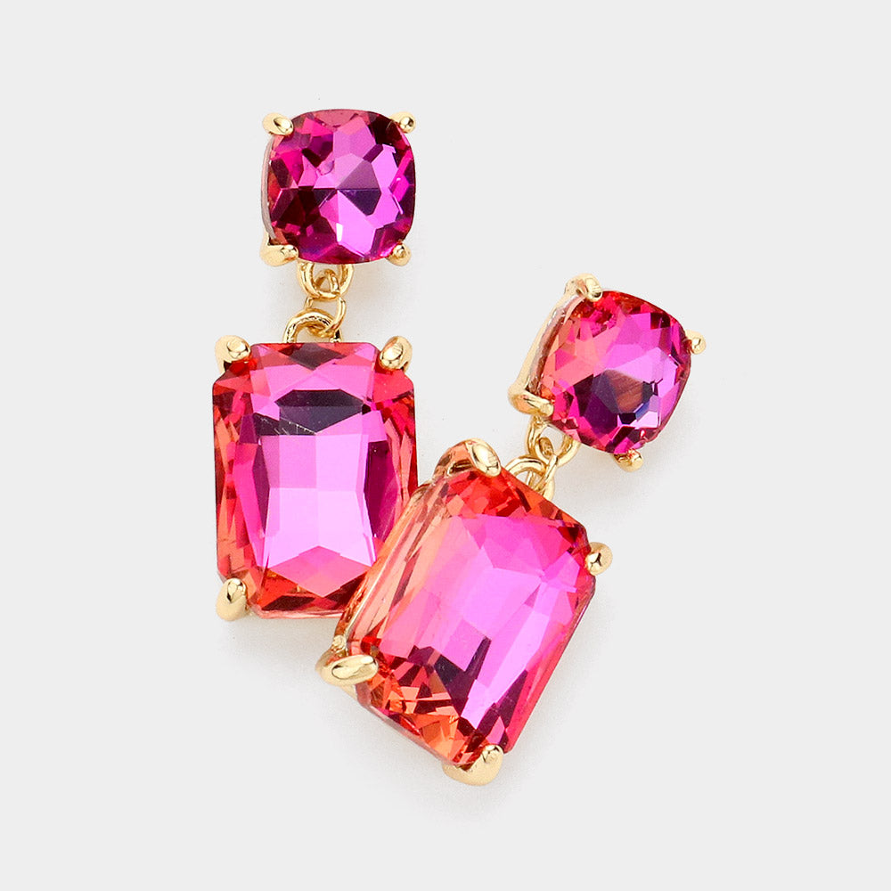 Madeline Love AB, Pink Square Rectangle Glass Stone Link Drop Dangle Earrings