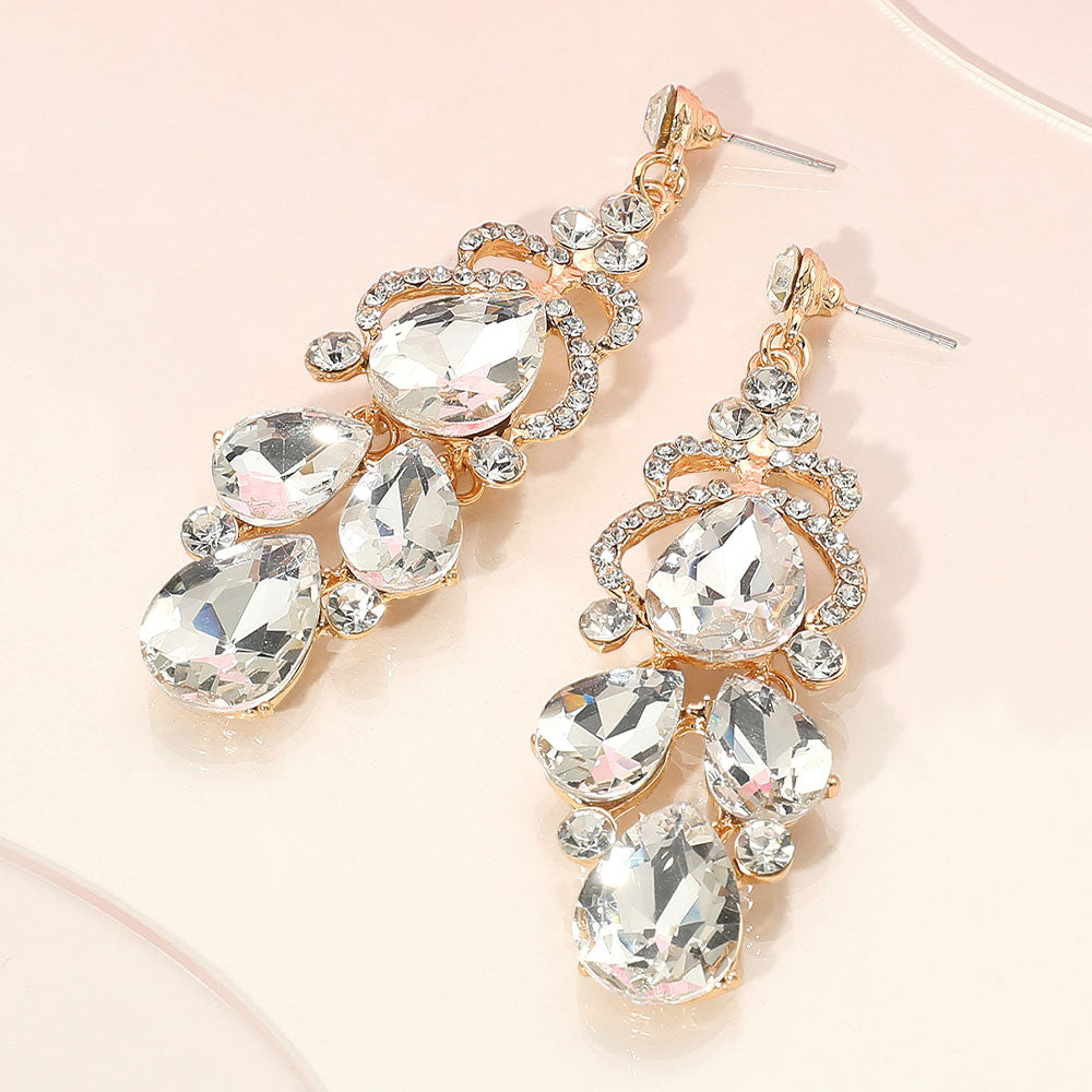 Madeline Love Clear, Gold Teardrop Stone Custer Chandelier Drop Dangle Earrings