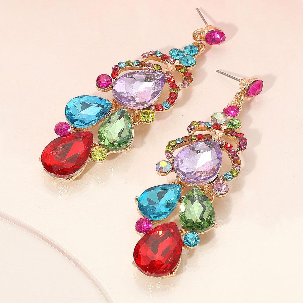Madeline Love Gold, Multi Teardrop Stone Custer Chandelier Drop Dangle Earrings