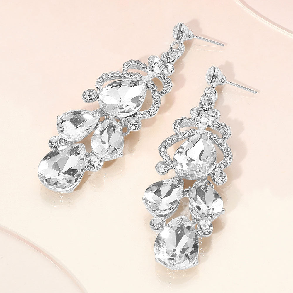 Madeline Love Clear, Silver Teardrop Stone Custer Chandelier Drop Dangle Earrings