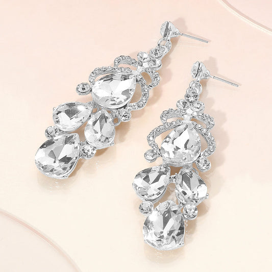 Madeline Love Clear, Silver Teardrop Stone Custer Chandelier Drop Dangle Earrings