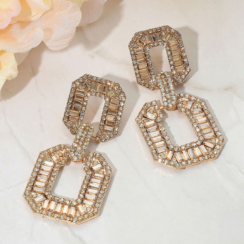 Madeline Love Gold, Lt Col Topaz Bold Geometric Baguette Stone Embellished Door Knocker Evening Earrings