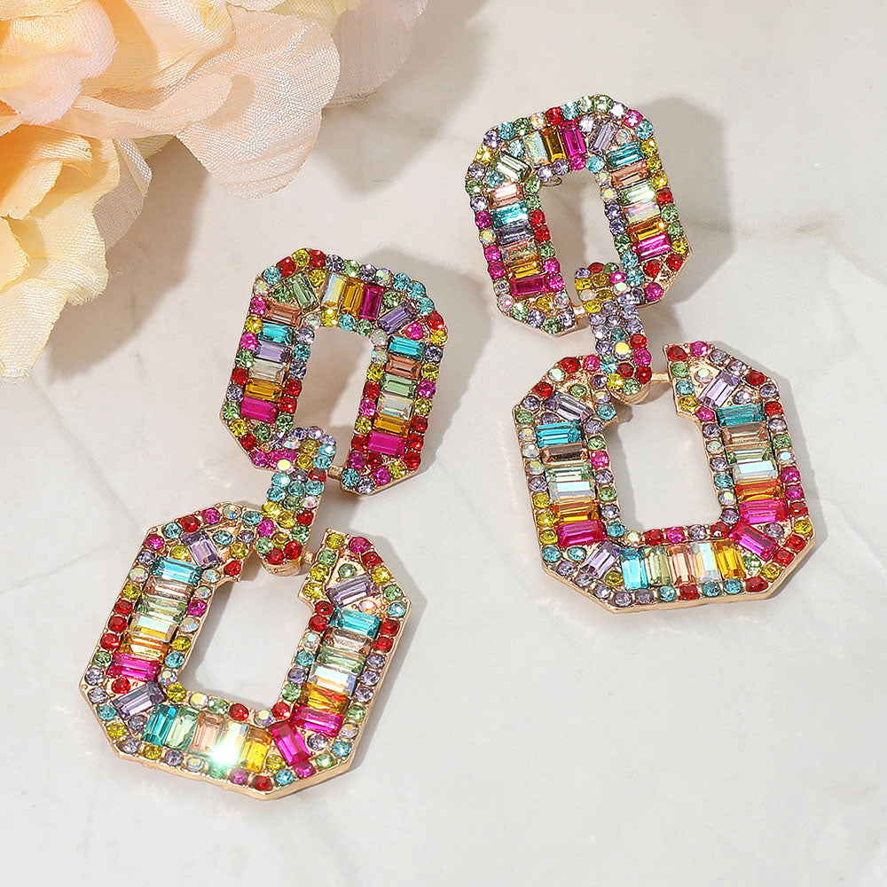 Madeline Love Gold, Multi Bold Geometric Baguette Stone Embellished Door Knocker Evening Earrings