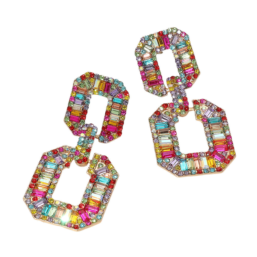 Madeline Love Gold, Multi Bold Geometric Baguette Stone Embellished Door Knocker Evening Earrings - desc