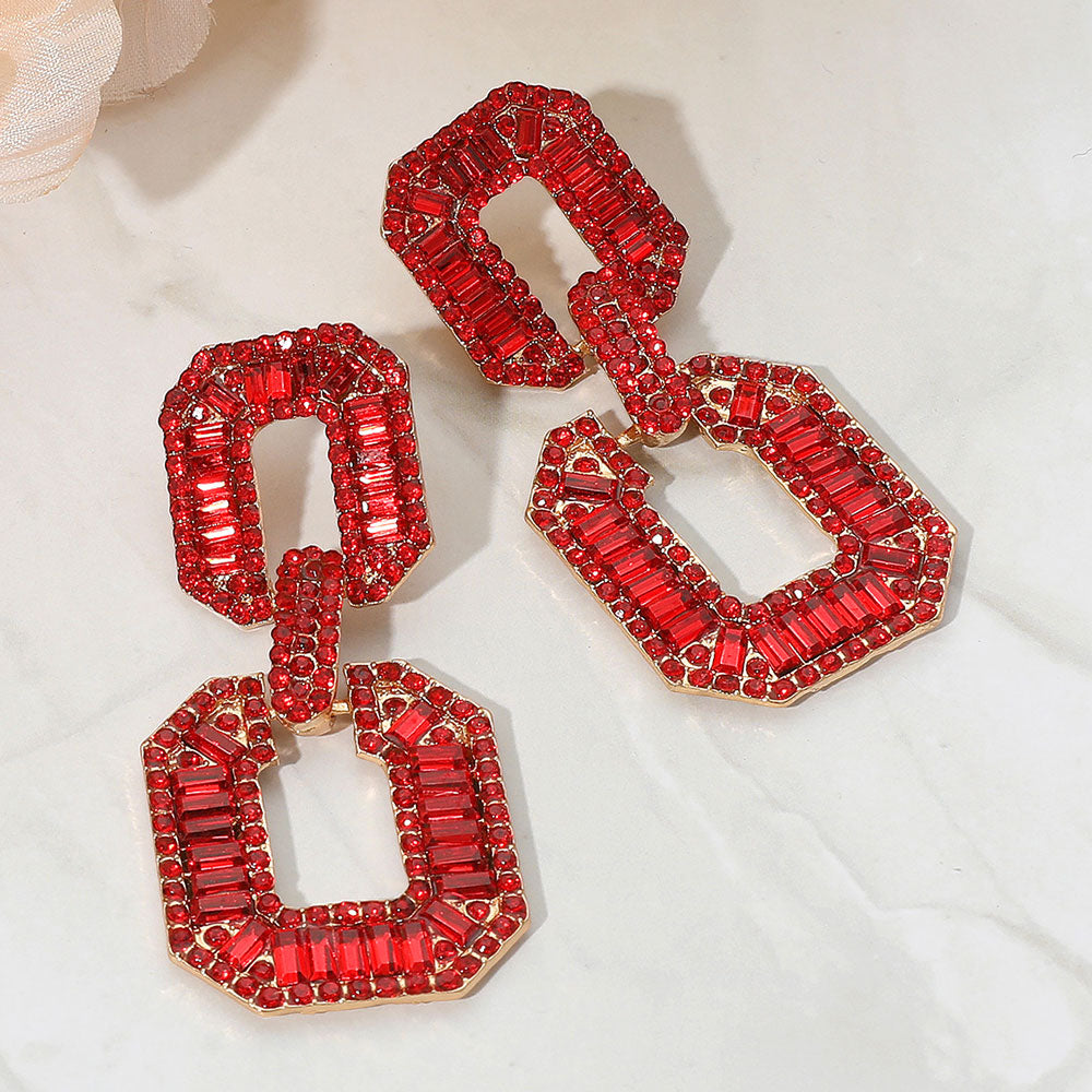 Madeline Love Gold, Red Bold Geometric Baguette Stone Embellished Door Knocker Evening Earrings