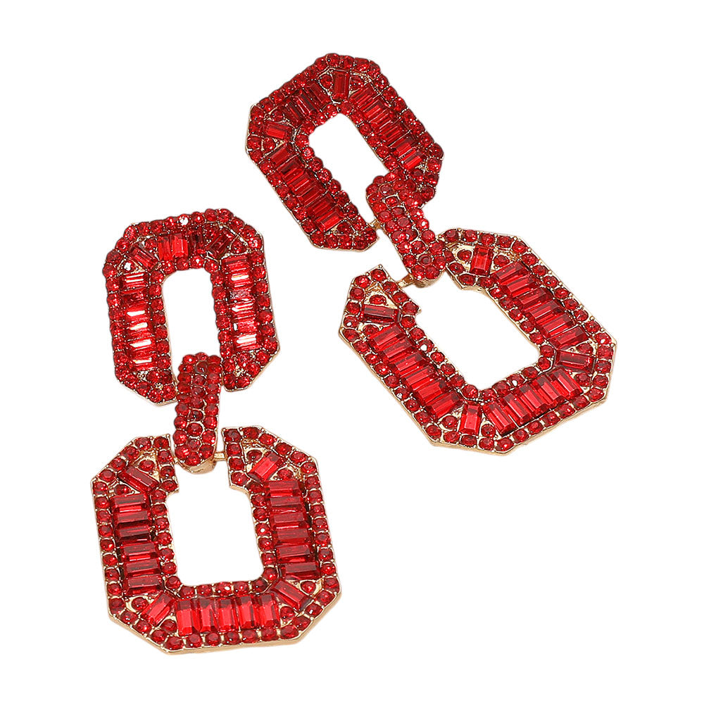 Madeline Love Gold, Red Bold Geometric Baguette Stone Embellished Door Knocker Evening Earrings - desc