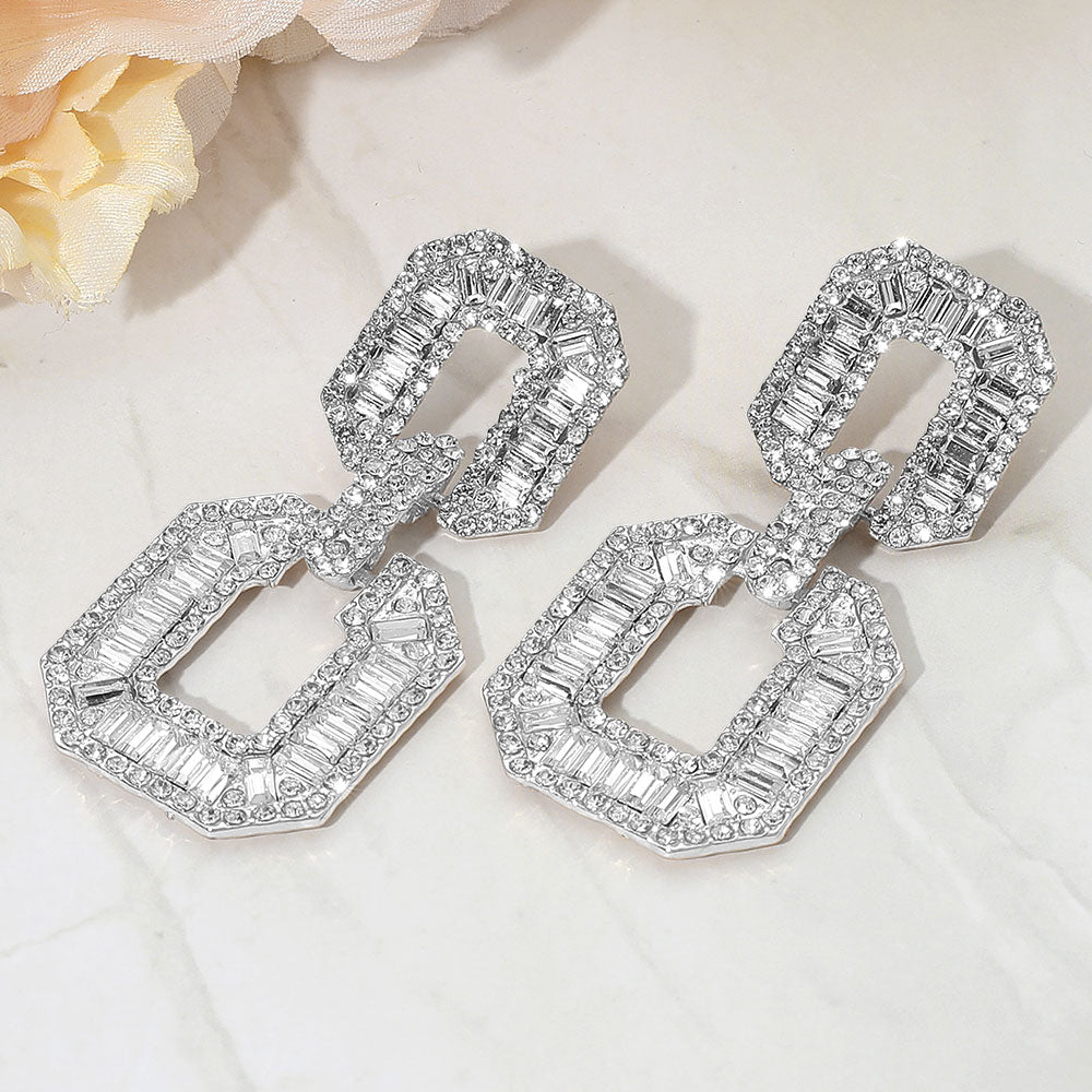 Madeline Love Clear, Silver Bold Geometric Baguette Stone Embellished Door Knocker Evening Earrings