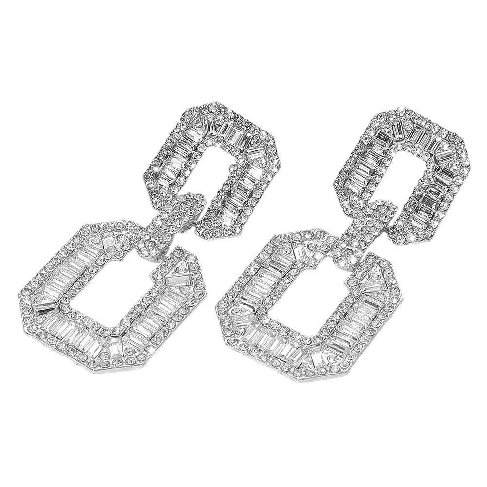 Madeline Love Clear, Silver Bold Geometric Baguette Stone Embellished Door Knocker Evening Earrings - desc