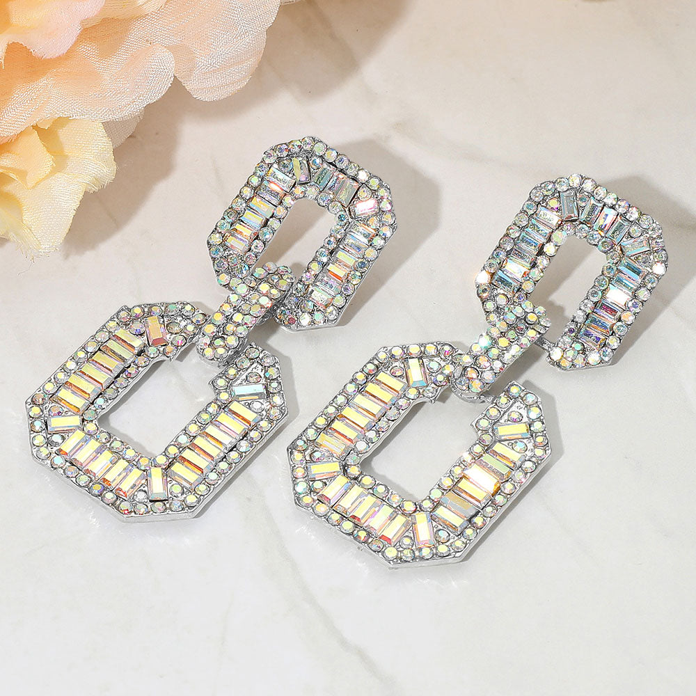 Madeline Love AB, Silver Bold Geometric Baguette Stone Embellished Door Knocker Evening Earrings