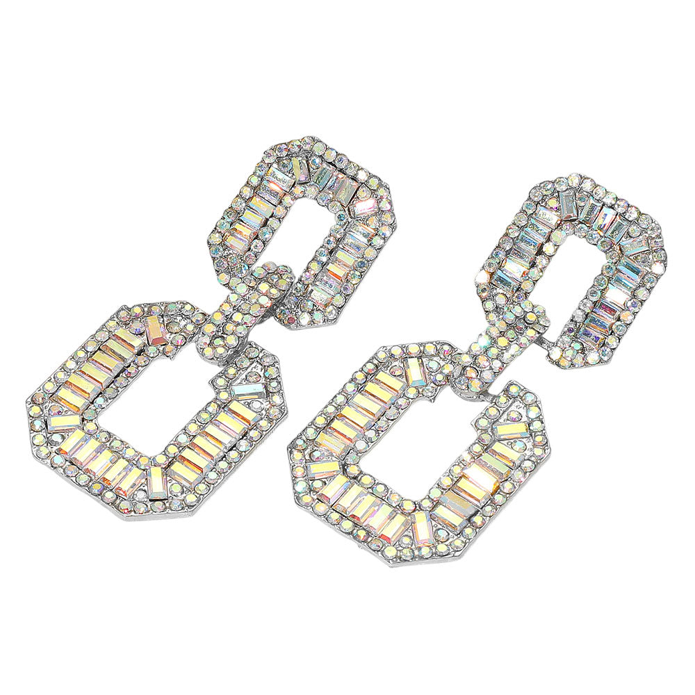 Madeline Love AB, Silver Bold Geometric Baguette Stone Embellished Door Knocker Evening Earrings - desc