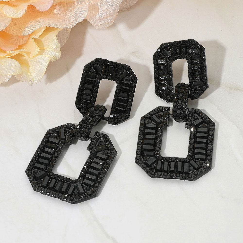 Madeline Love Black, Jet Black Bold Geometric Baguette Stone Embellished Door Knocker Evening Earrings