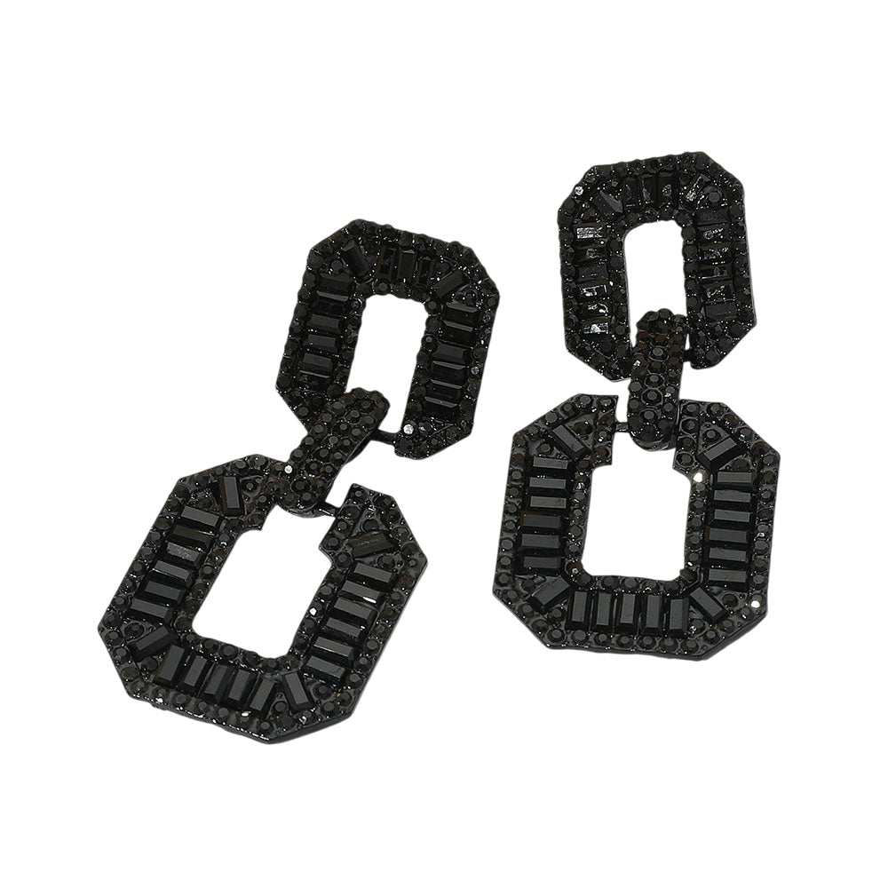 Madeline Love Black, Jet Black Bold Geometric Baguette Stone Embellished Door Knocker Evening Earrings - desc