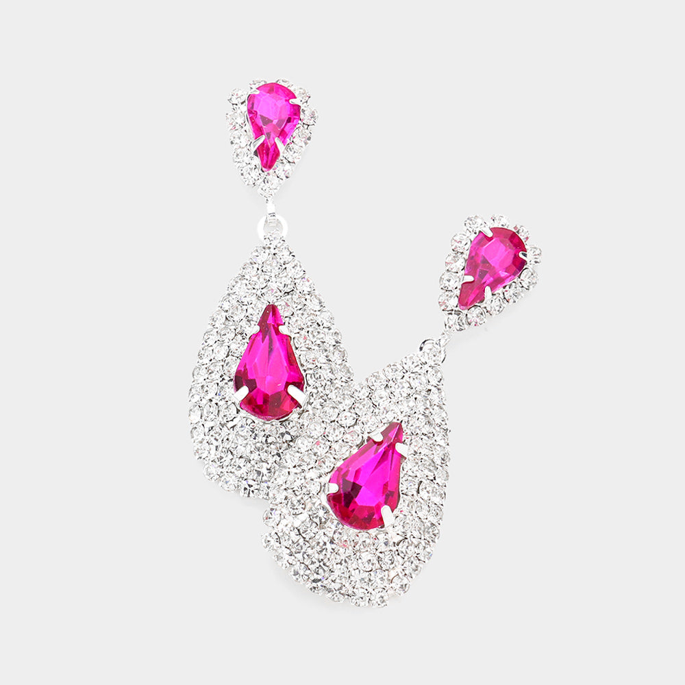 Madeline Love Fuchsia, Rhodium Teardrop Stone Pointed Cluster Dangle Evening Earrings