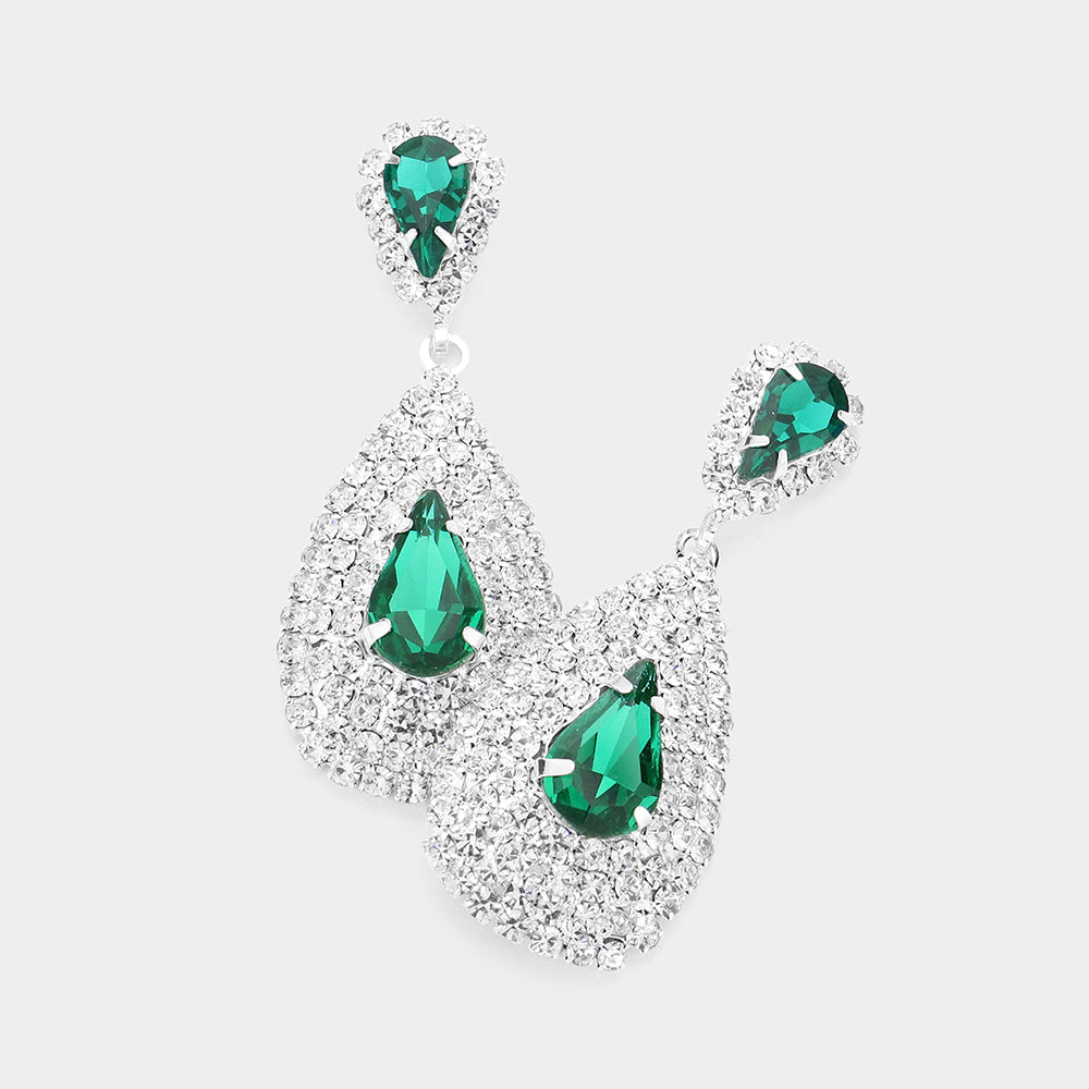 Madeline Love Green, Rhodium Teardrop Stone Pointed Cluster Dangle Evening Earrings