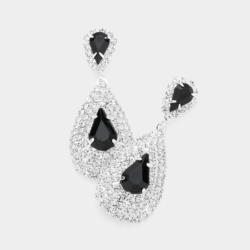 Madeline Love Jet Black, Rhodium Teardrop Stone Pointed Cluster Dangle Evening Earrings