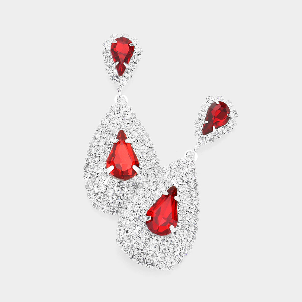 Madeline Love Red, Rhodium Teardrop Stone Pointed Cluster Dangle Evening Earrings