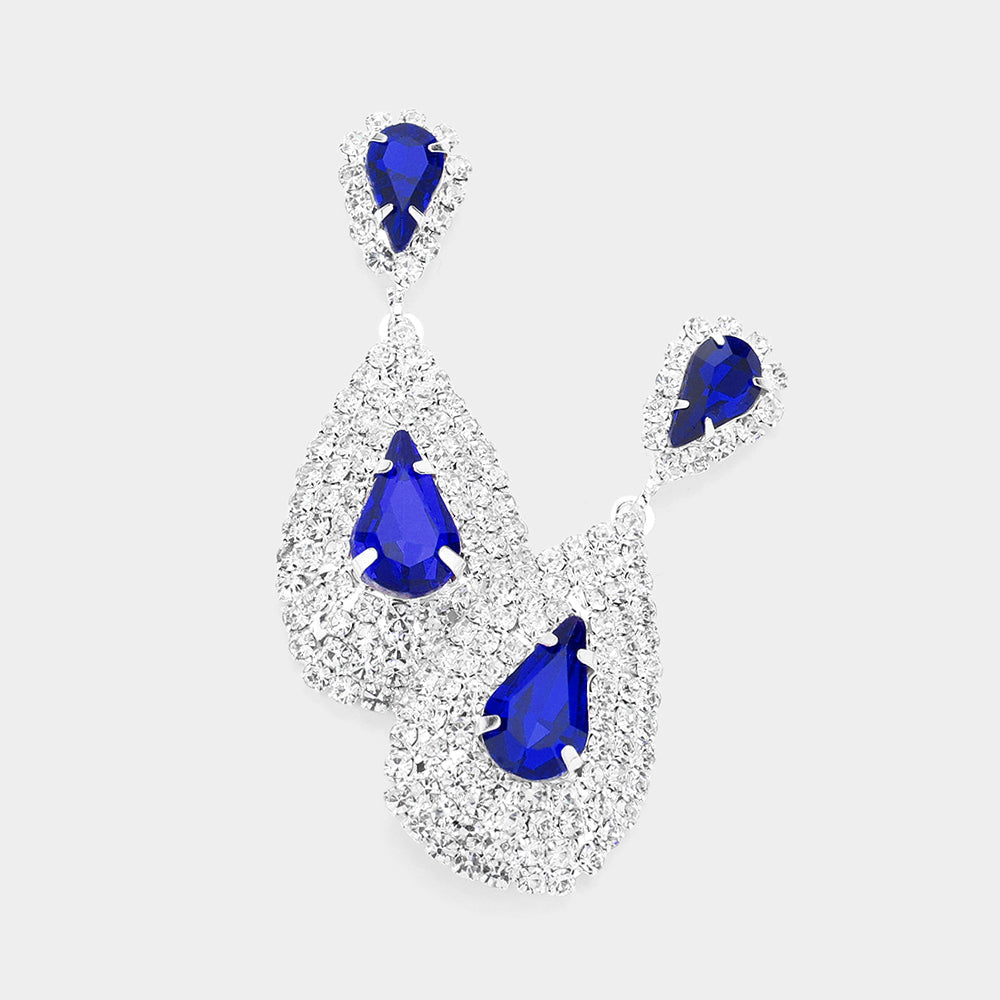 Madeline Love Rhodium, Sapphire Teardrop Stone Pointed Cluster Dangle Evening Earrings