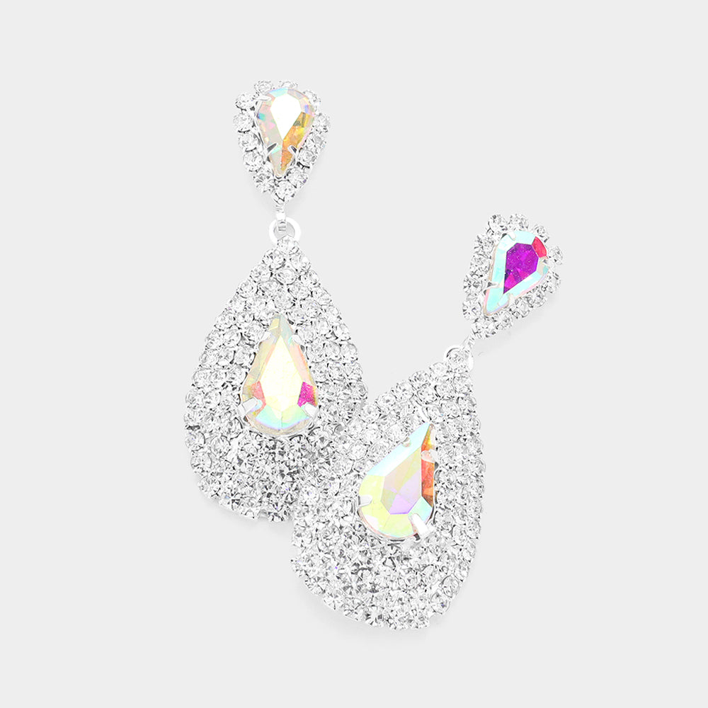 Madeline Love AB, Rhodium Teardrop Stone Pointed Cluster Dangle Evening Earrings