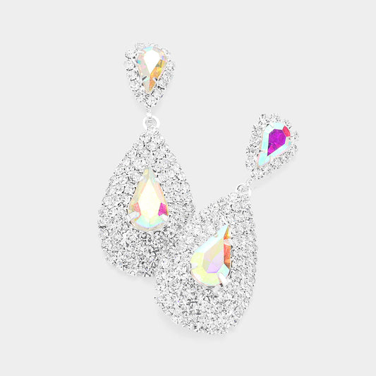 Madeline Love AB, Rhodium Teardrop Stone Pointed Cluster Dangle Evening Earrings