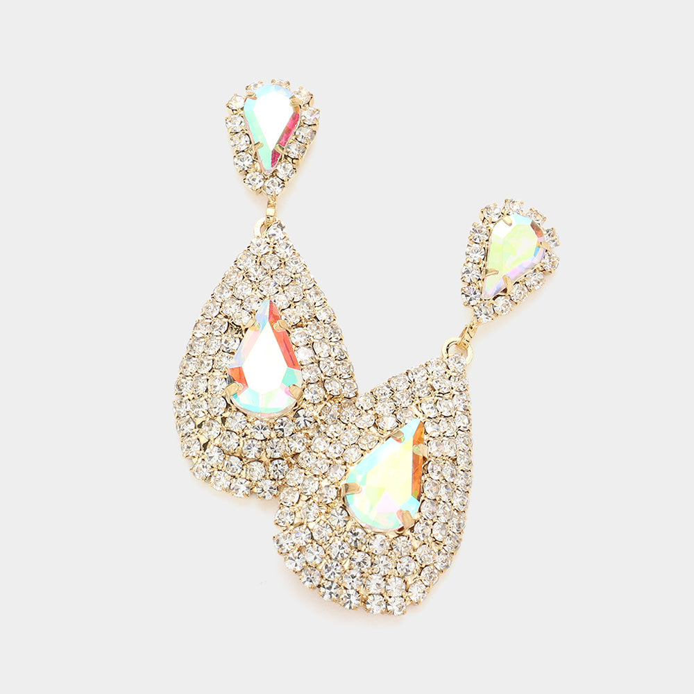 Madeline Love AB, Gold Teardrop Stone Pointed Cluster Dangle Evening Earrings