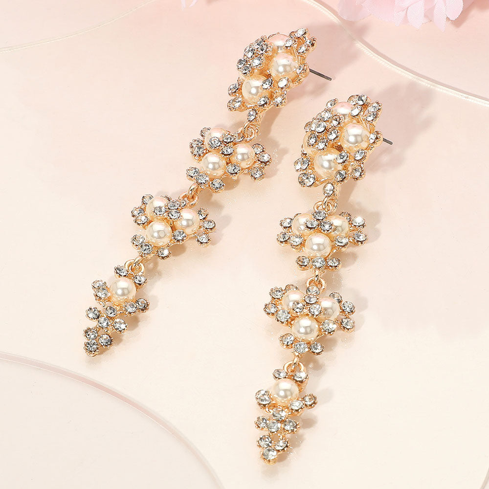 Madeline Love Cream, Gold Floral Pearl Rhinestone Cluster Drop Evening Earrings