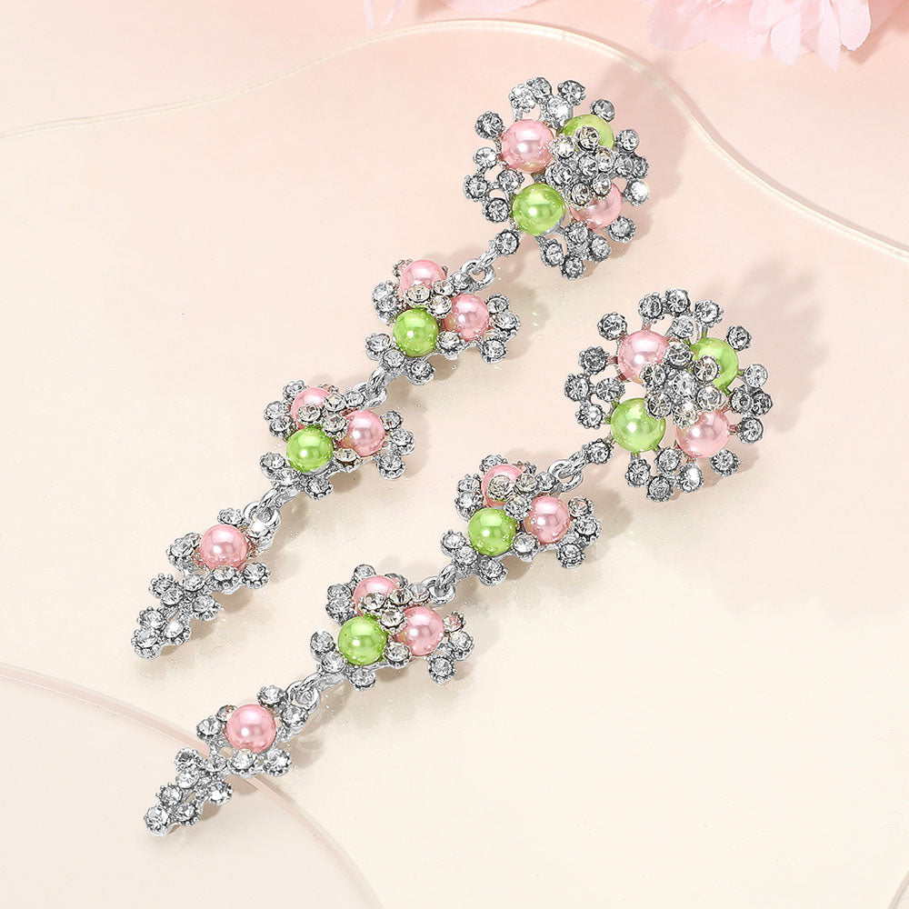 Madeline Love Pink&Green, Silver Floral Pearl Rhinestone Cluster Drop Evening Earrings