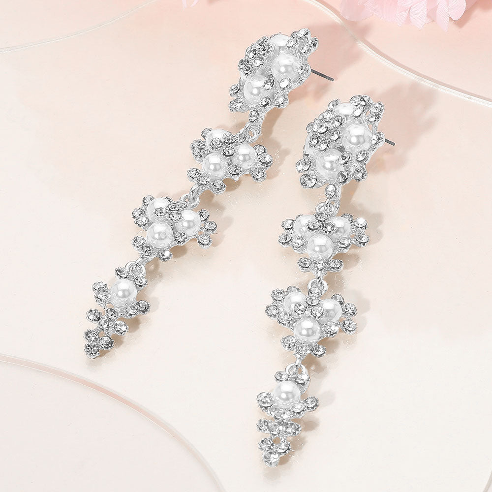 Madeline Love Silver, White Floral Pearl Rhinestone Cluster Drop Evening Earrings