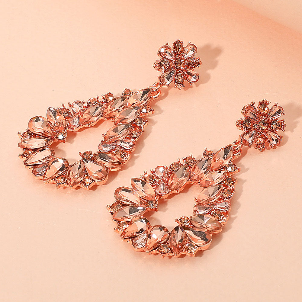 Madeline Love Peach, Rose Gold Floral Marquise Teardrop Stone Cluster Accent Dangle Evening Earrings