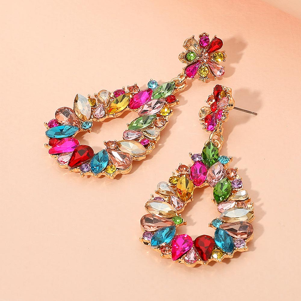 Madeline Love Gold, Multi Floral Marquise Teardrop Stone Cluster Accent Dangle Evening Earrings