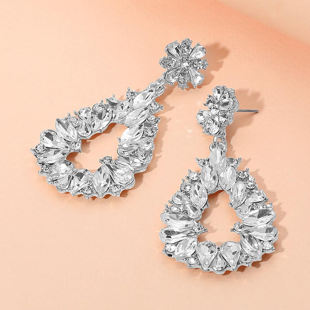 Madeline Love Clear, Silver Floral Marquise Teardrop Stone Cluster Accent Dangle Evening Earrings