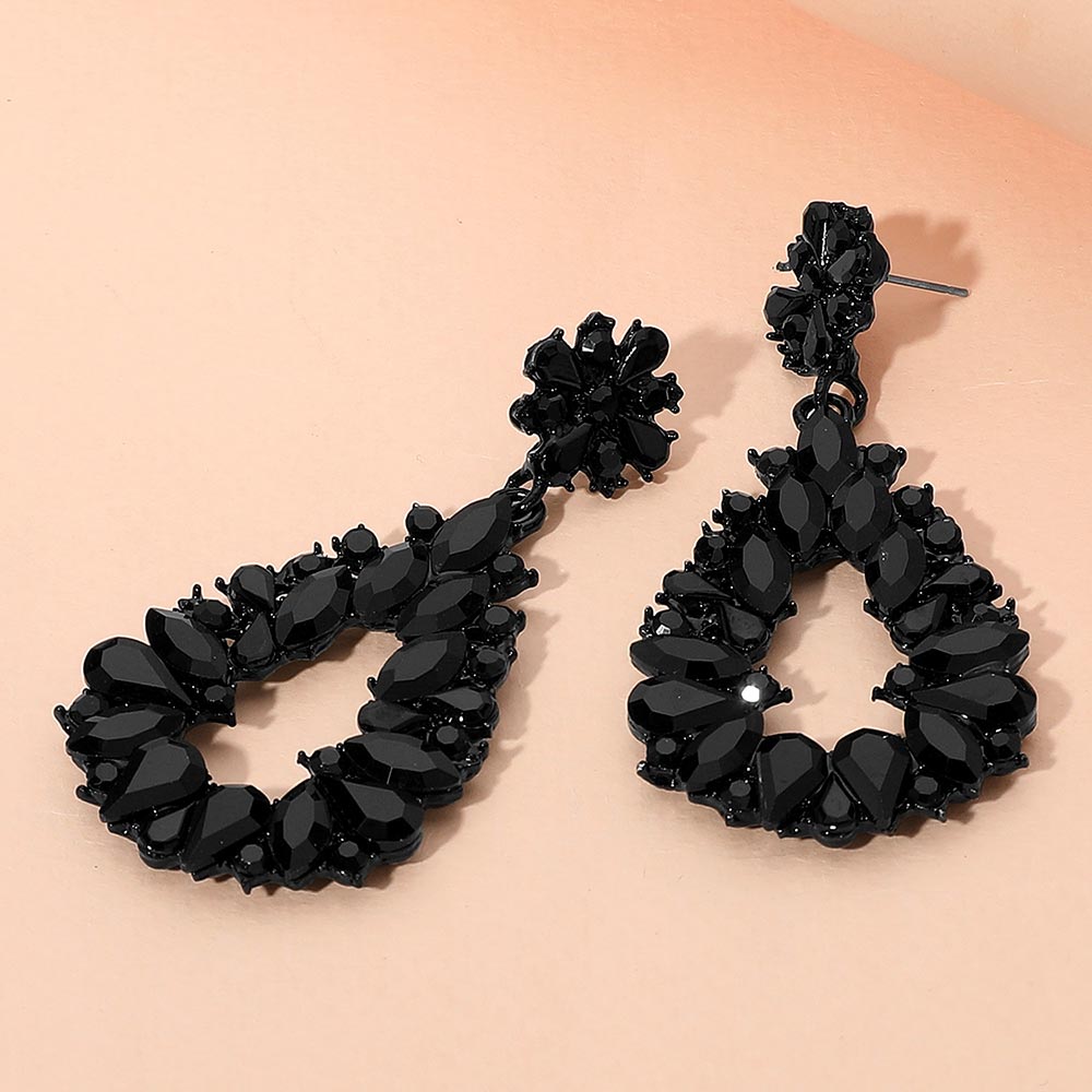 Madeline Love Black, Jet Black Floral Marquise Teardrop Stone Cluster Accent Dangle Evening Earrings