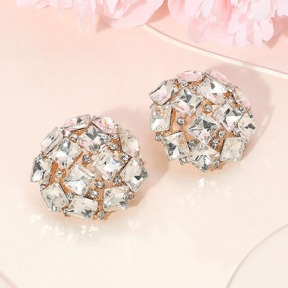 Madeline Love Clear, Gold Square Stone Cluster Embellished Dome Evening Earrings