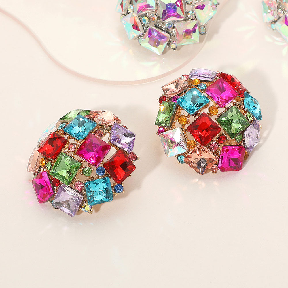 Madeline Love Gold, Multi Square Stone Cluster Embellished Dome Evening Earrings