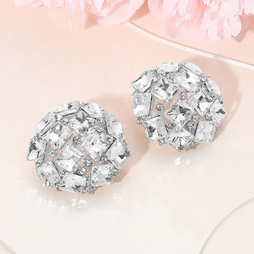 Madeline Love Clear, Silver Square Stone Cluster Embellished Dome Evening Earrings