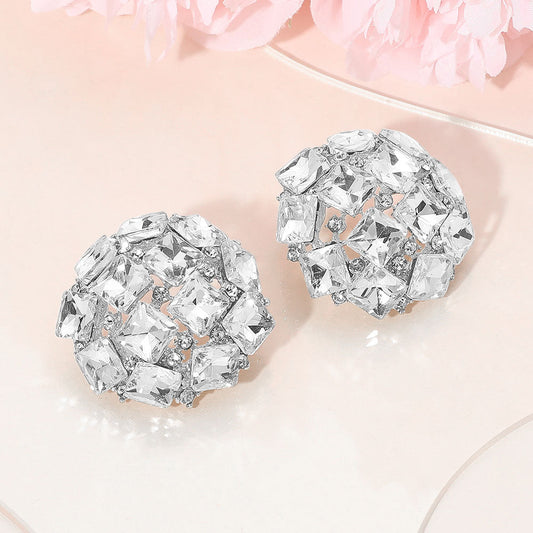 Madeline Love Clear, Silver Square Stone Cluster Embellished Dome Evening Earrings