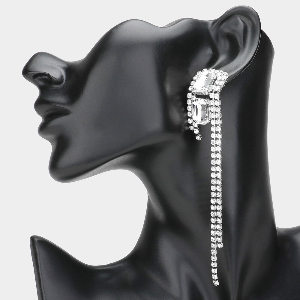 Madeline Love Rhodium Double Rectangle Stone Cluster Pointed Rhinestone Paved Fringe Evening Earrings