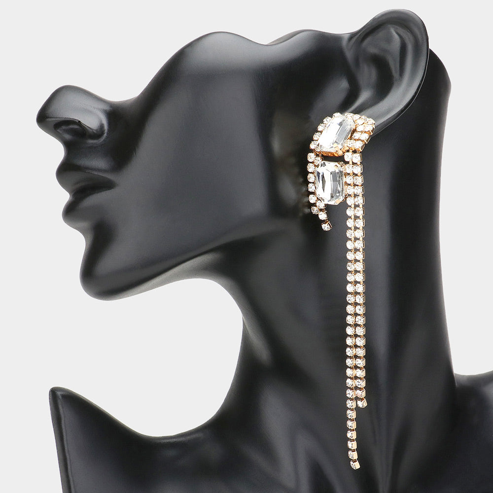 Madeline Love Gold Double Rectangle Stone Cluster Pointed Rhinestone Paved Fringe Evening Earrings