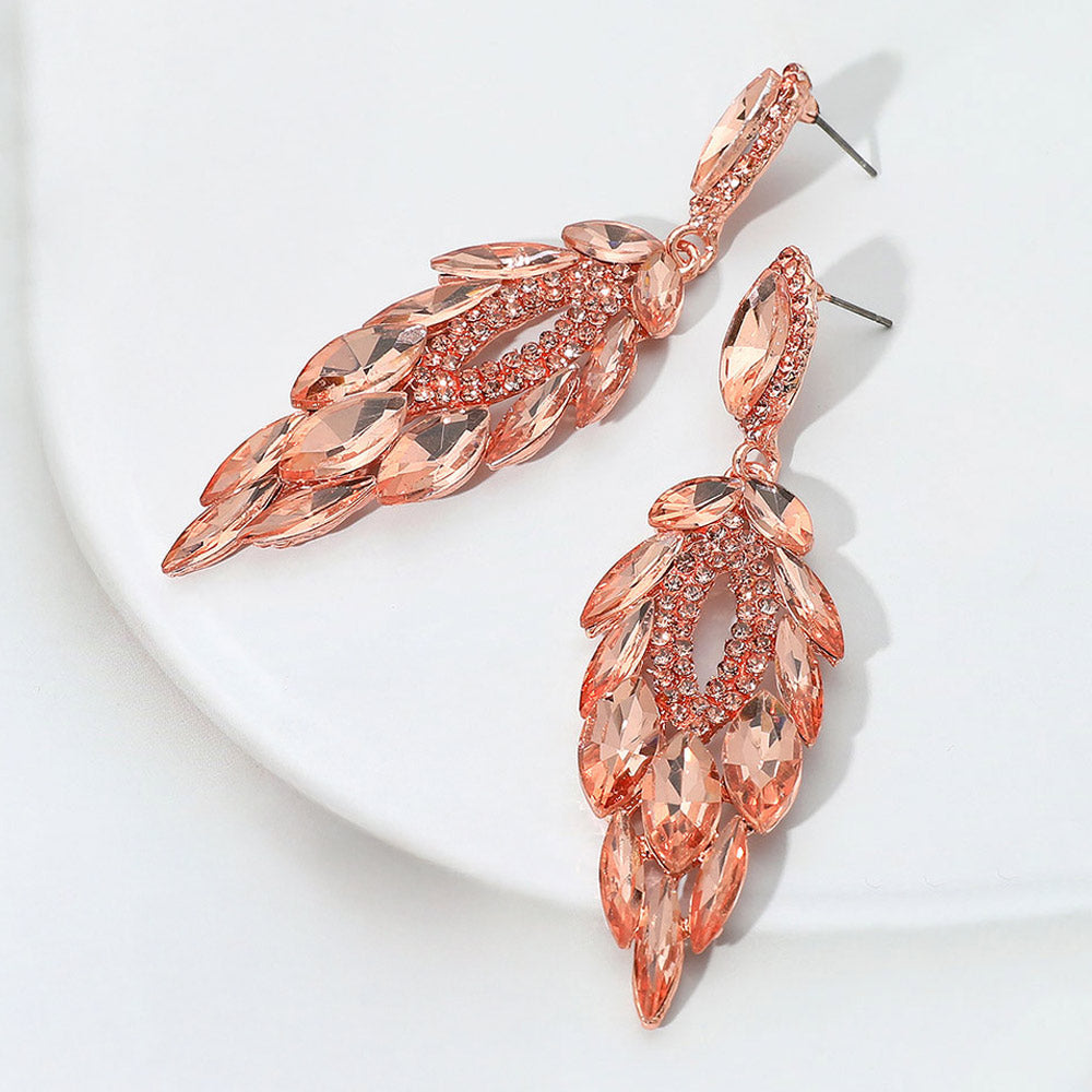 Madeline Love Peach, Rose Gold Marquise Stone Cluster Embellished Dangle Evening Earrings