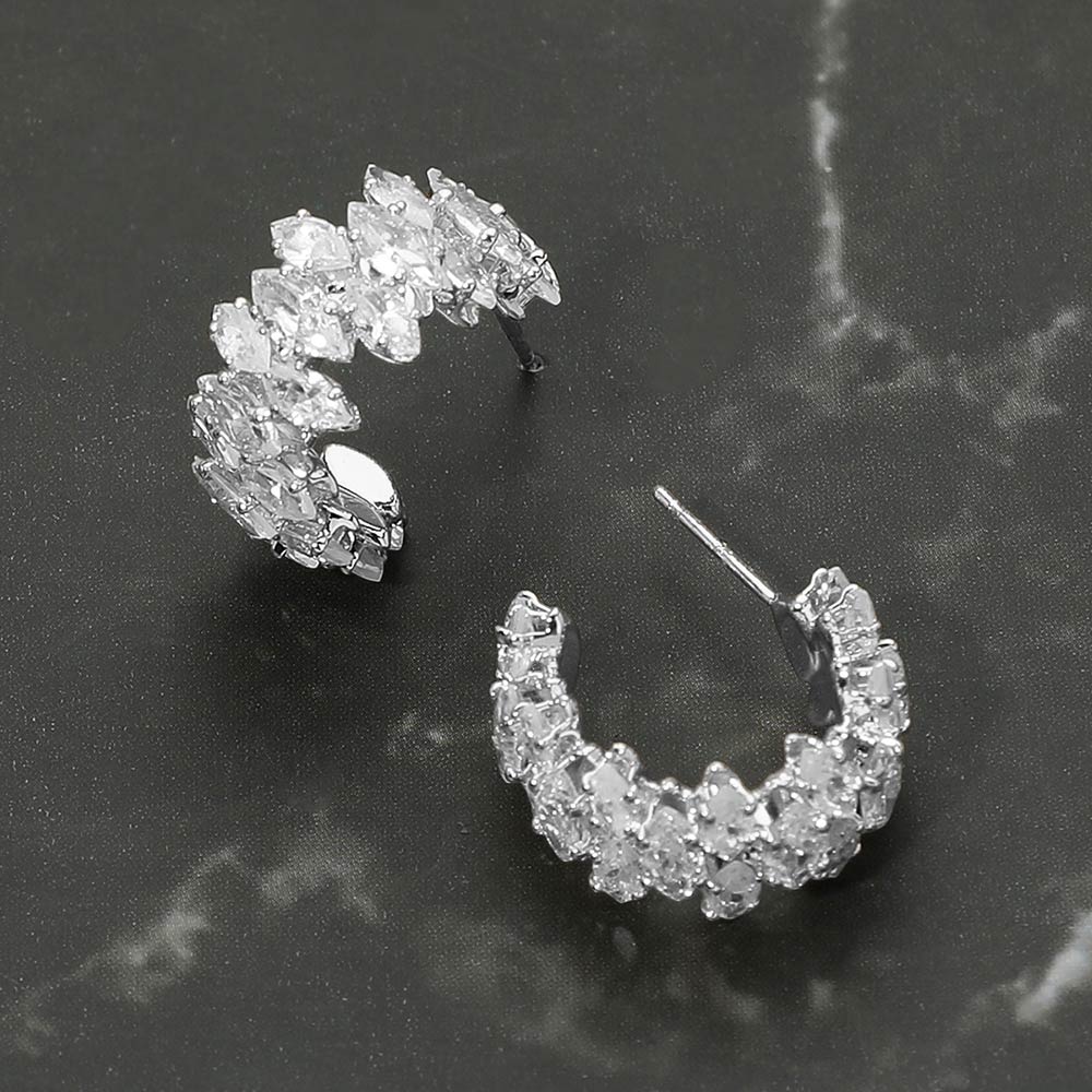 Madeline Love Clear, Silver Marquise CZ Stone Cluster Embellished Evening Hoop Earrings